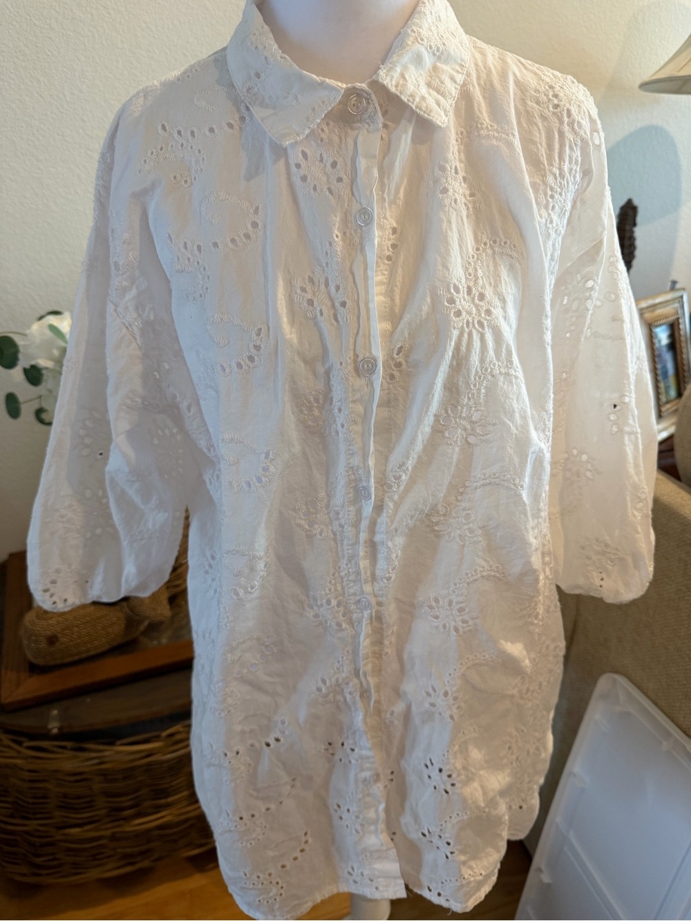 White Eyelet Button-Down Shirt